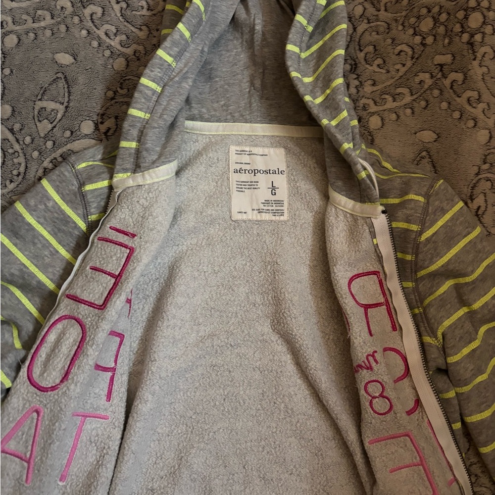 Aeropostale grey & lime green striped zip up jacket with pink accents Size L - Picture 4 of 4